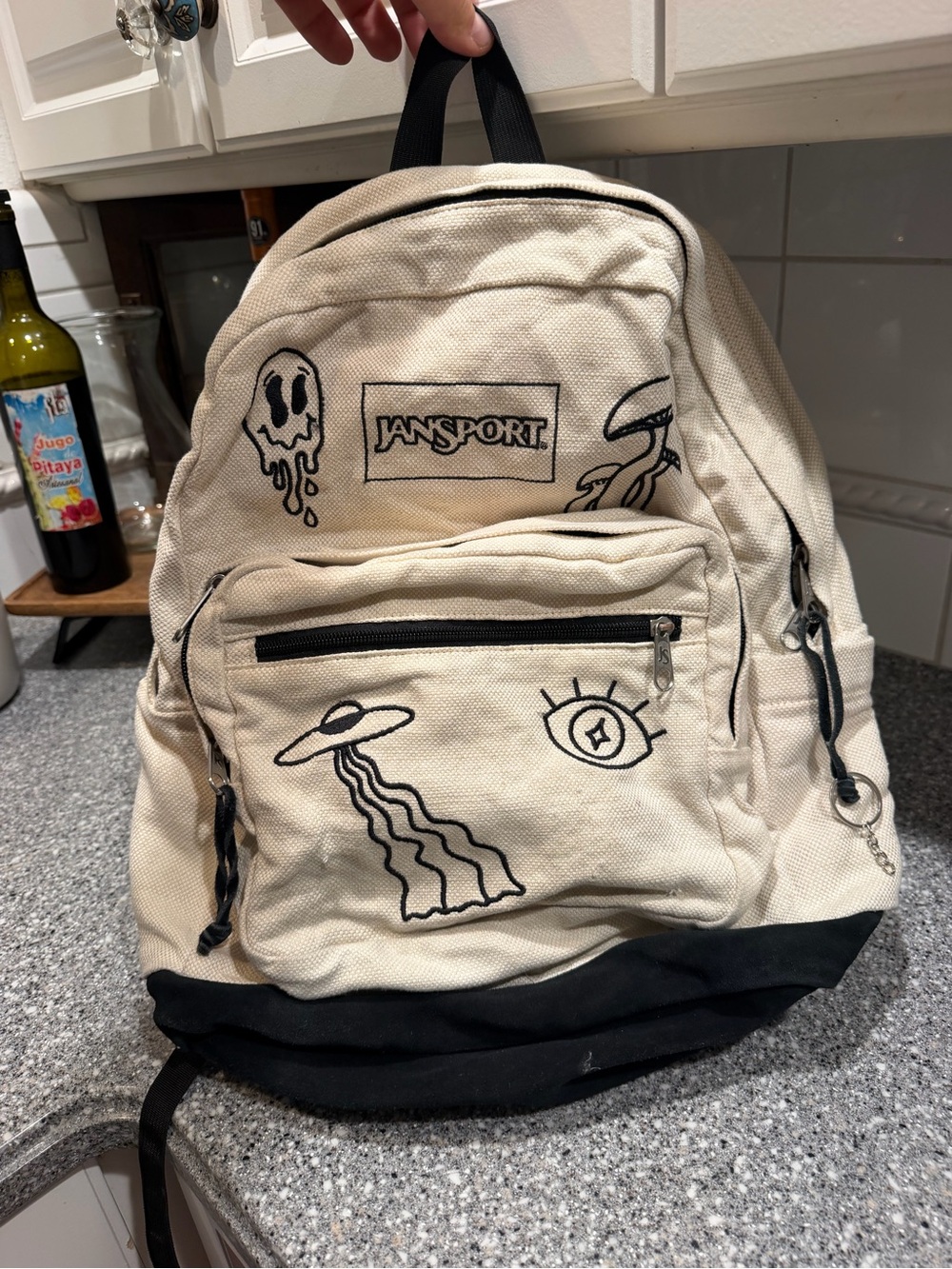 Jansport Cream Canvas Backpack with Black Suede Base Mushrooms UFO